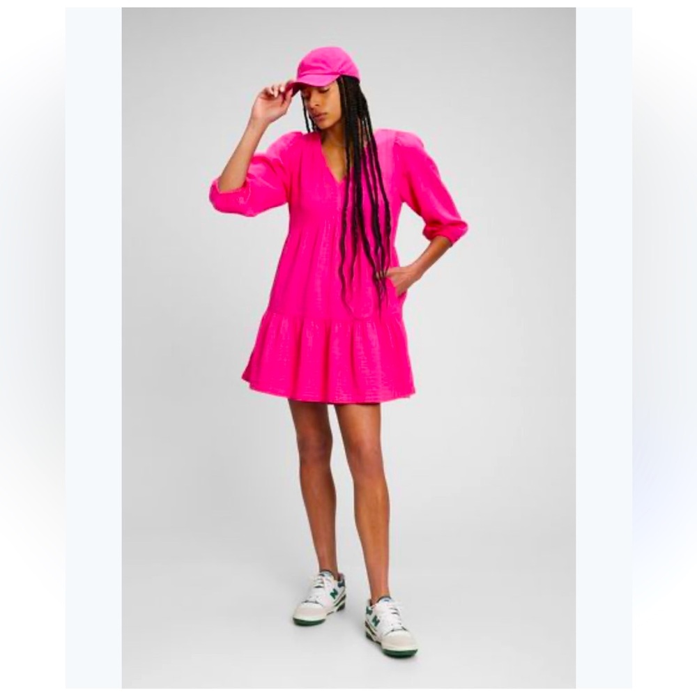 🆕🔖 GAP ✨Hot Pink Crinkle Cotton Gauze Babydoll Dress✨Tiered Pockets✨Large NWT!!